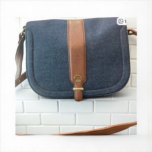 Liz Claiborne Denim and leather Blue and Chocolate Brown Crossbody Bag 90’s​​​